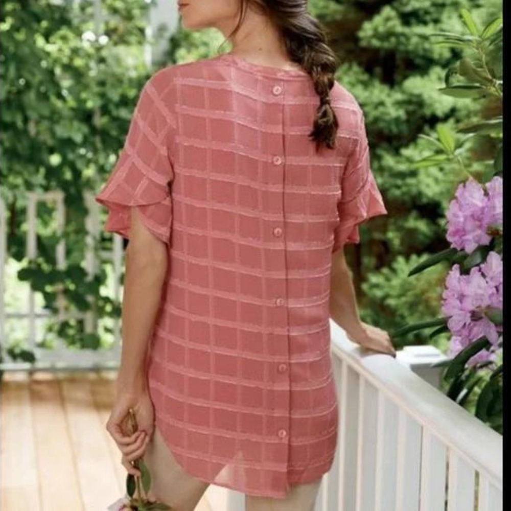 Soft Surroundings NWT Pink Rose Short Sleeve Tenerife Button Back Blouse NWT XS - Picture 2 of 7